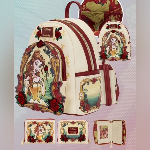 Loungefly Handbags - Loungefly Beauty and the Beast Exclusive Belle Floral Mini Backpack & Wallet